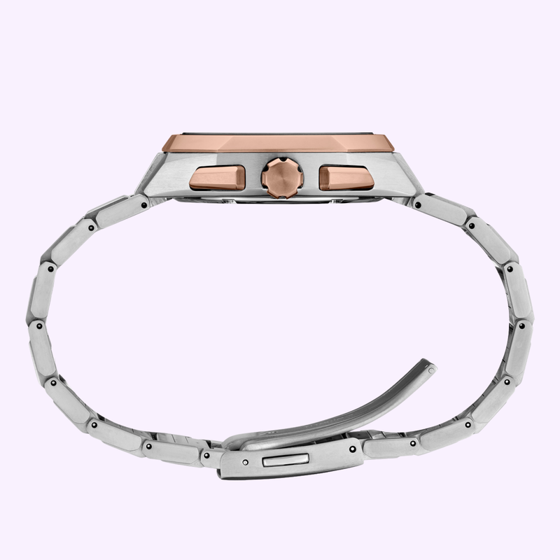Seiko Astron SSJ014 Case Profile – Side View Side view of the Seiko Astron SSJ014 showing the slim 12.0mm titanium case, rose gold-tone bezel, crown and buttons