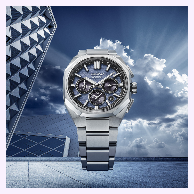 Seiko Astron HAB001 blue-gray geometric dial titanium watch at Lexor Miami