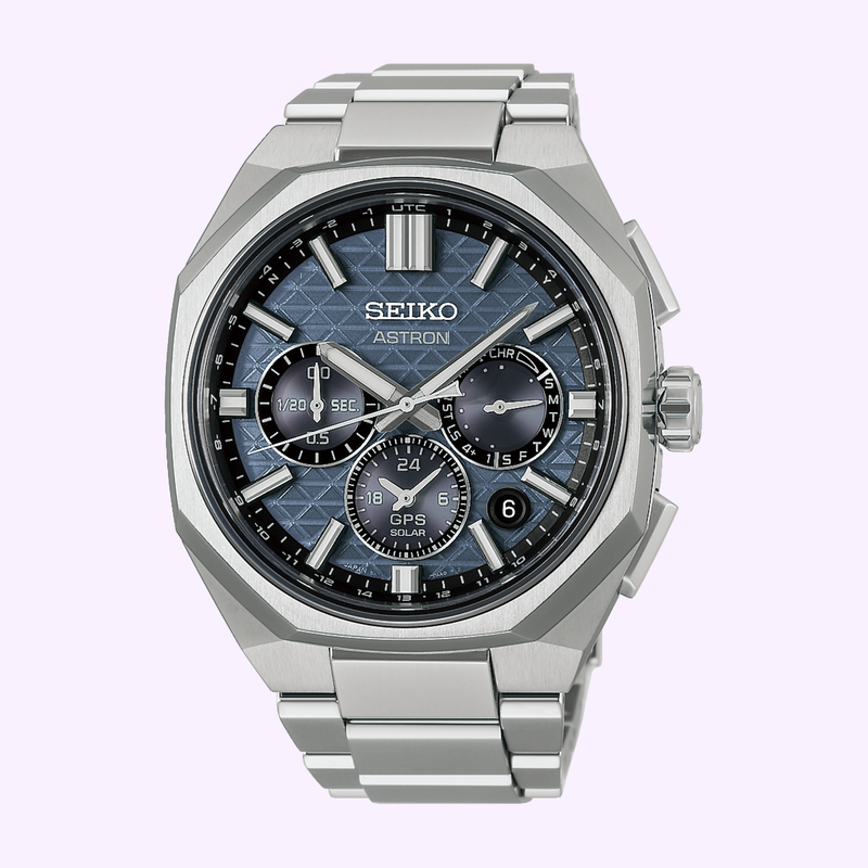 Seiko King Astron HAB001 blue-gray geometric dial titanium watch front view at Lexor Miami