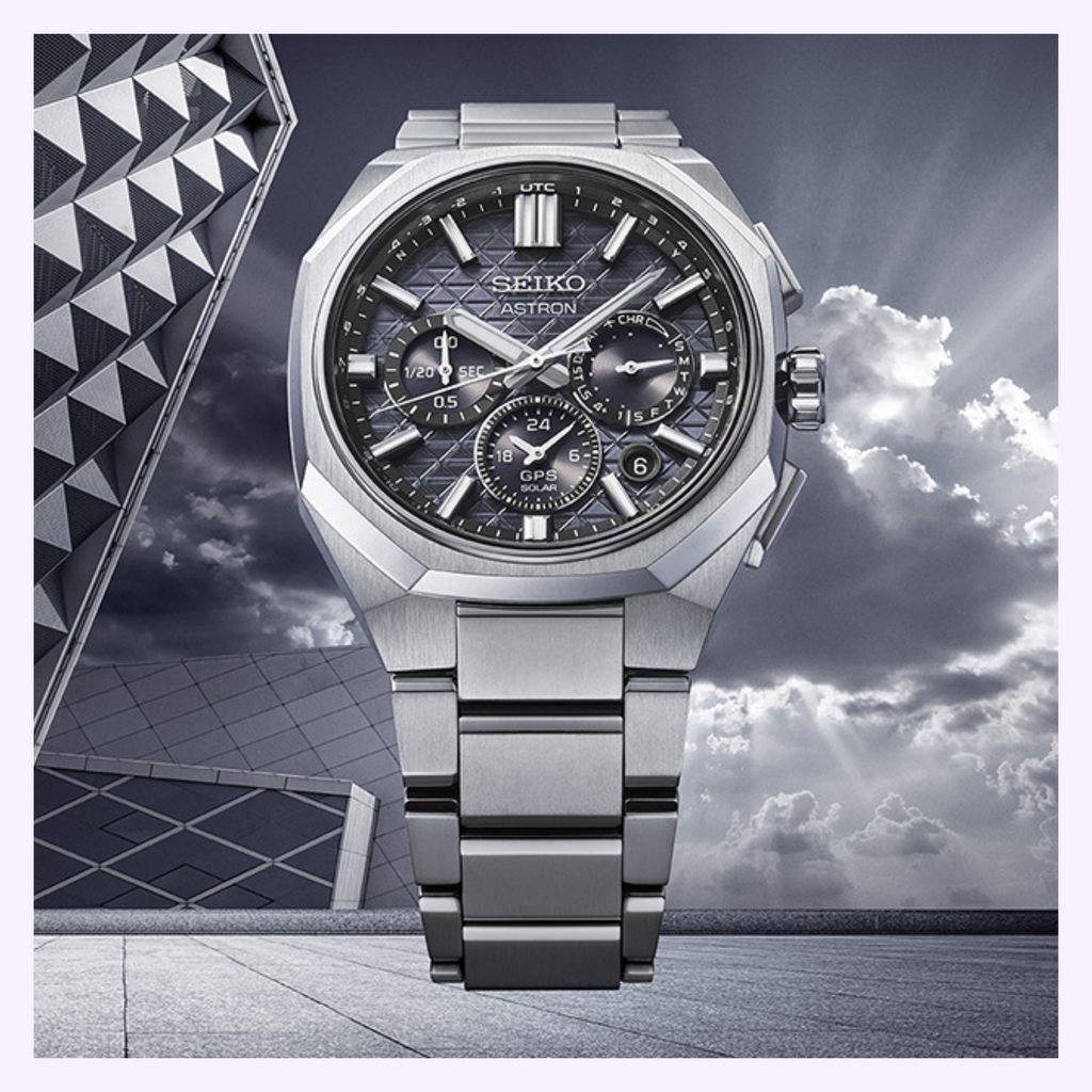 Seiko Astron GPS Solar HAB002 titanium watch with black geometric-pattern dial and contrasting subdials