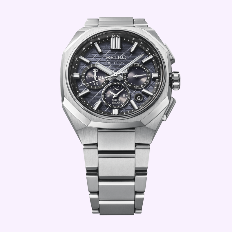 Seiko Astron HAB002 Titanium Case and Bracelet Seiko Astron HAB002 front view highlighting the super-hard coated titanium case, octagonal bezel and integrated titanium bracelet