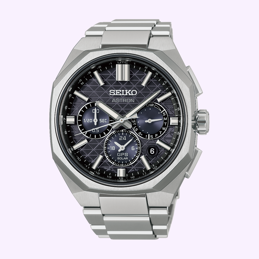 Seiko Astron GPS Solar HAB002 titanium watch with black geometric-pattern dial and contrasting subdials