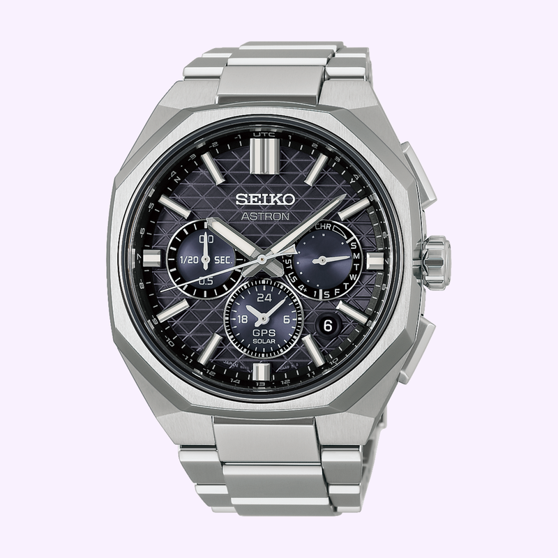 Seiko Astron HAB002 GPS Solar dual-time chronograph with black geometric dial and titanium bracelet, angled view