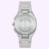 Case back of a silver-tone Seiko Luxe Watches Astron HAB005, featuring an engraved globe icon and limited edition numbering.