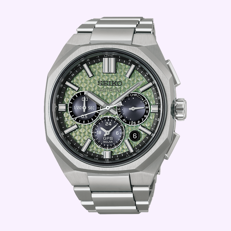 Seiko Astron HAB005 Crystal Green Limited Edition – Front View Seiko Astron HAB005 Crystal Green GPS Solar chronograph limited edition with faceted green dial, three black sub-dials and titanium bracelet