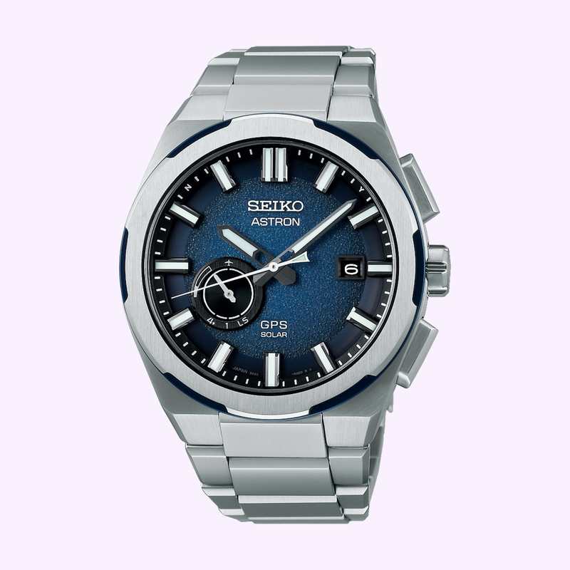 Seiko King Astron SSJ023 blue celestial dial watch with silver hour markers and metal bracelet at Lexor Miami