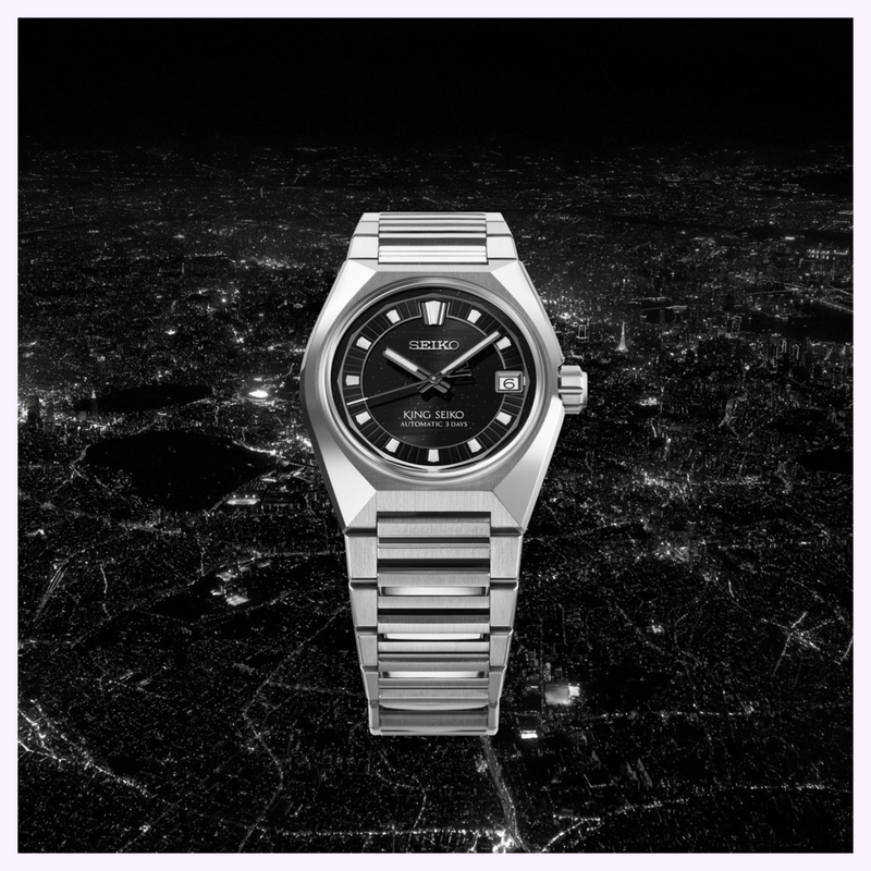 King Seiko HKF005 Tokyo Night Cityscape King Seiko VANAC HKF005 automatic watch with black dial and baton indices photographed against a Tokyo night cityscape