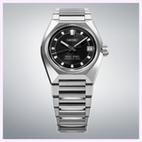 Silver-toned Seiko King Watches King Seiko VANAC HKF005 automatic wristwatch with a black dial, faceted hour markers, and a date window at the three o’clock position.