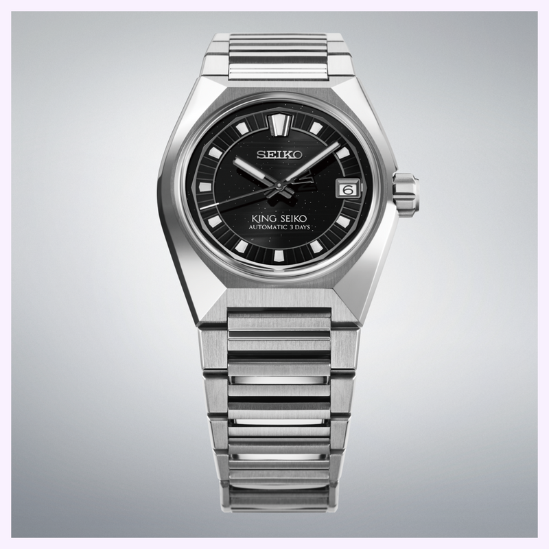 King Seiko HKF005 Dial and Date Window Detail King Seiko VANAC HKF005 black dial with faceted hour markers and date window at 3 o'clock