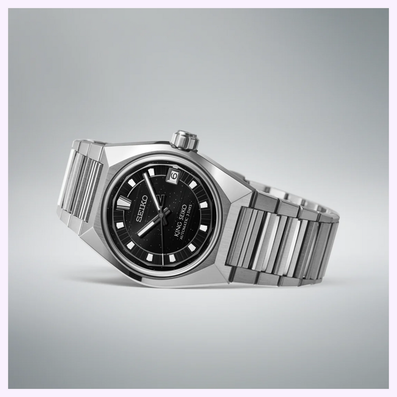 King Seiko VANAC HKF005 front view showing black dial, silver hands and stainless steel link bracelet