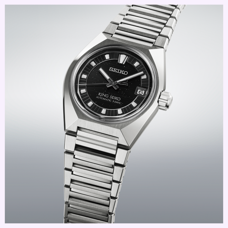 King Seiko VANAC HKF005 with black dial, silver indices, date at 3 o'clock and faceted silver metal bracelet