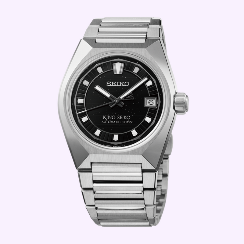 King Seiko HKF005 Faceted Case and Textured Dial King Seiko VANAC HKF005 faceted stainless steel case with black textured dial, silver hands and date window at 3 o'clock