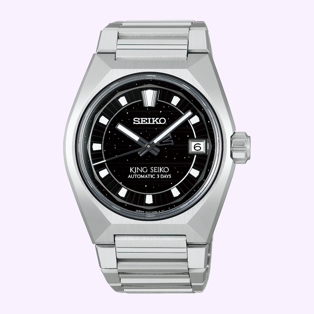 King Seiko VANAC HKF005 Black Dial Stainless Steel Watch King Seiko VANAC HKF005 front view with black glittering dial, faceted stainless steel case and integrated steel bracelet