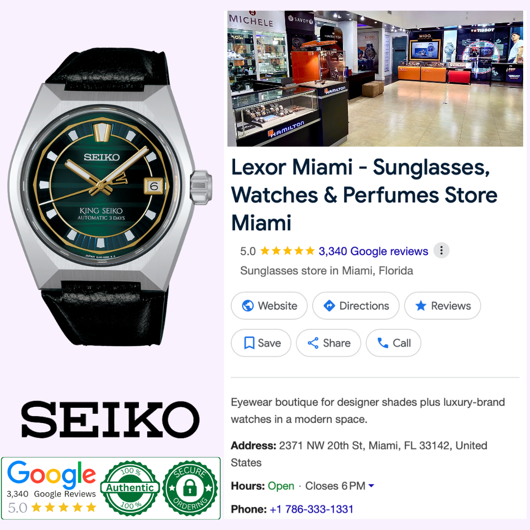 A Seiko Luxe Watches King VANAC SLA095, showcasing 1970s style with a black leather strap, is pictured next to a Google listing for Lexor Miami—a retailer of sunglasses, watches, perfumes—with Seiko and Google reviews logos.