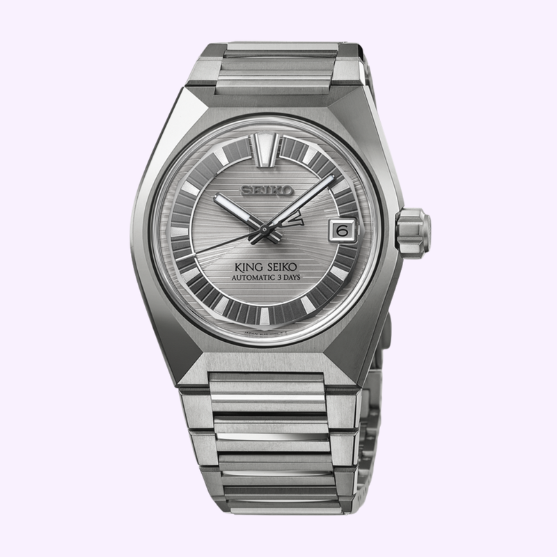 Seiko King Watches VANAC HKF002 grey dial detail with LumiBrite hands and markers, box-shaped sapphire crystal