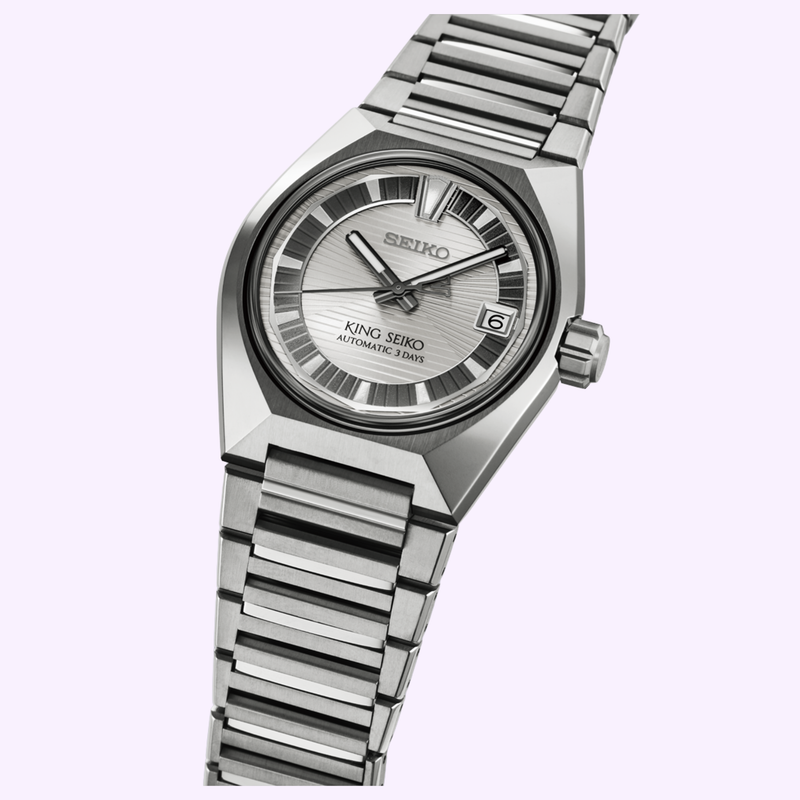 Angle view of the Seiko King Watches VANAC HKF002 titanium watch showing the faceted case profile and transparent case back