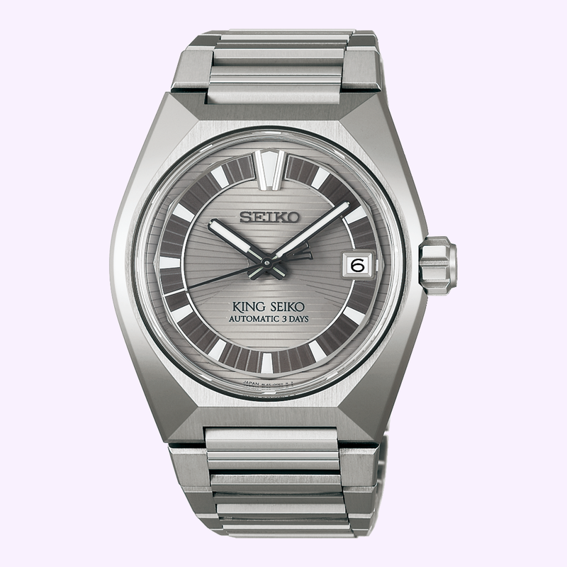 Seiko King Watches VANAC HKF002 titanium automatic watch with grey faceted dial, integrated titanium bracelet, and box-shaped sapphire crystal