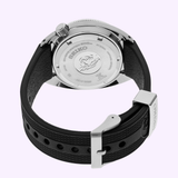 The Seiko Luxe Watches PROSPEX AUTOMATIC DIVER'S WATCH SPB317 is pictured from the back, revealing its sturdy stainless steel case, engraved branding, water resistance details, and a black textured rubber strap with a silver buckle—a standout model from Seiko Luxe Watches admired by enthusiasts searching for the finest diver's timepieces Miami offers.