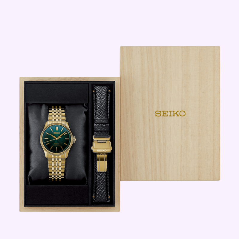 Seiko Presage HCC009 Limited Edition gift set with the watch, an extra black leather strap, and a wooden presentation box with the SEIKO logo