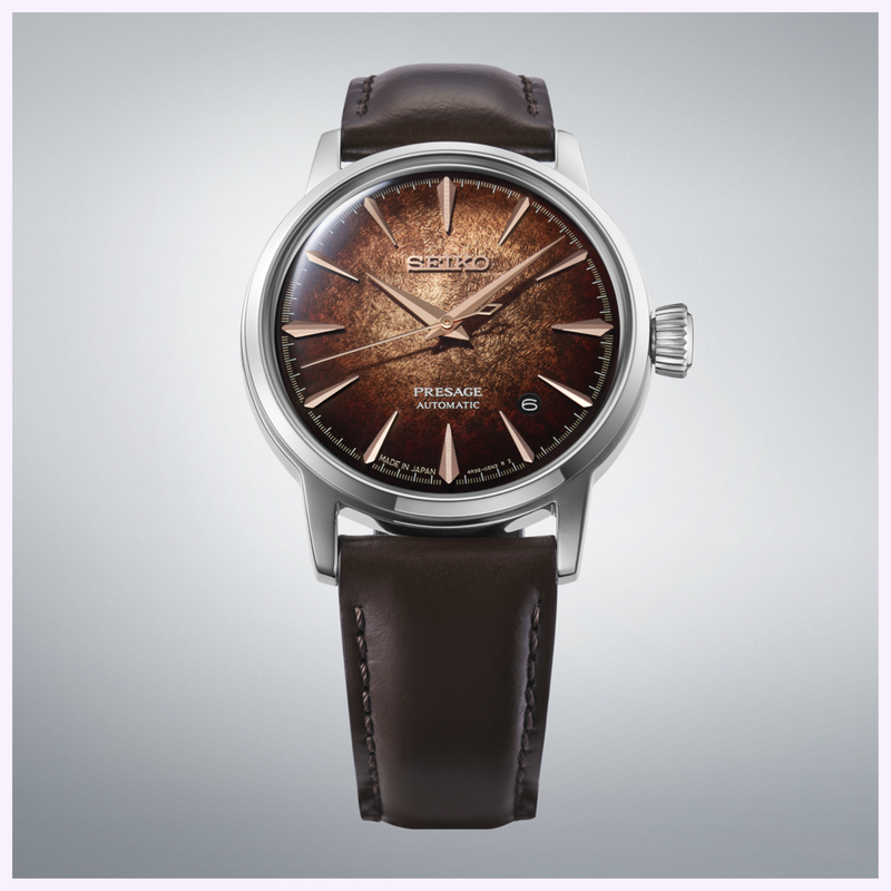Seiko Presage Cocktail Time HCB003 textured brown dial with date window and brown leather strap