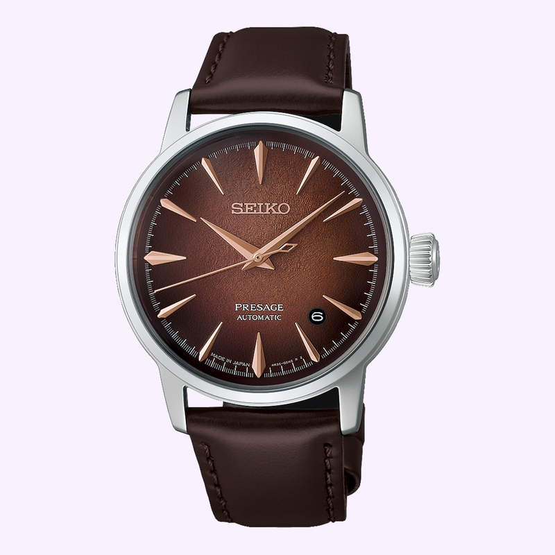 Seiko Luxe Watches Presage Cocktail Time HCB003 brown sunburst dial with rose gold hands and leather strap