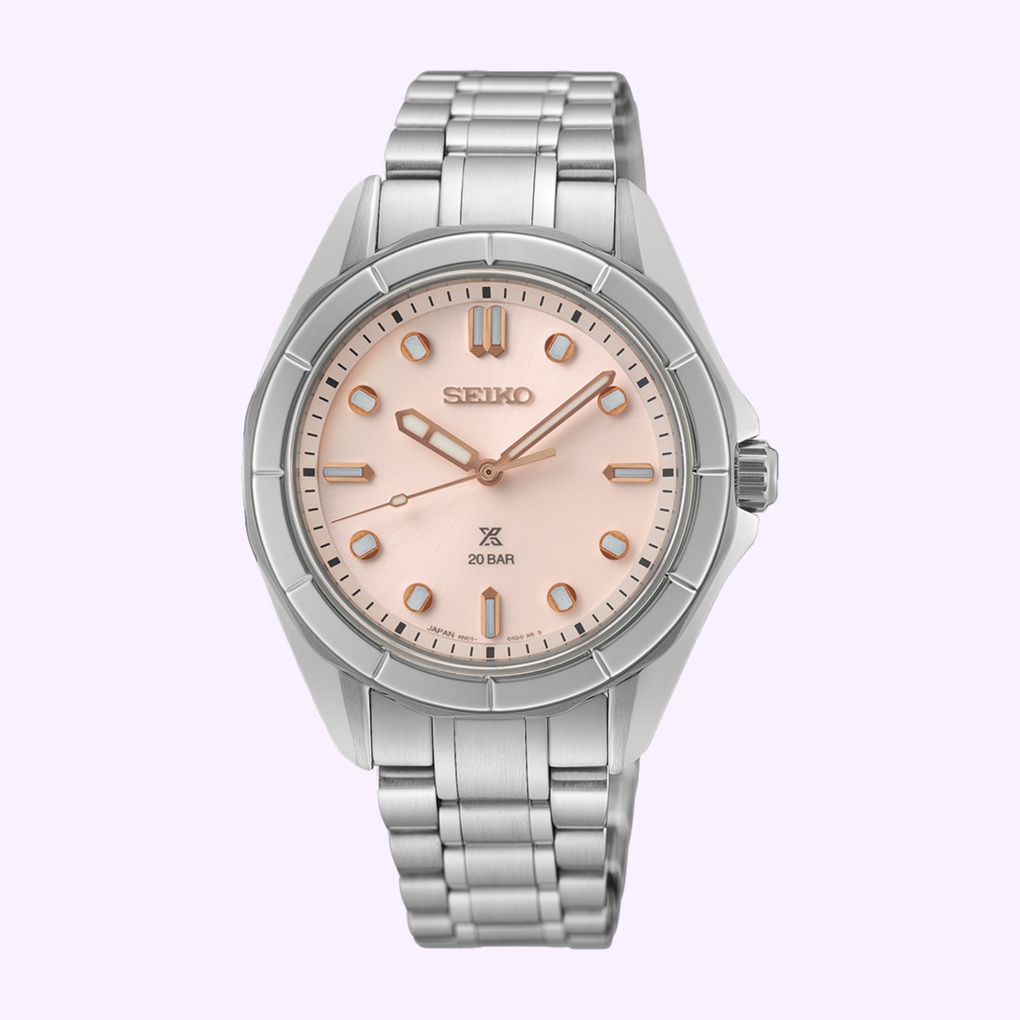 The Seiko Luxe Watches Prospex Sea SUR597 features a stainless steel band, pink dial with silver markers and hands, Seiko logo at the top, Prospex logo above 6 o’clock, and 20 BAR water resistance—a true luxury dive watch.