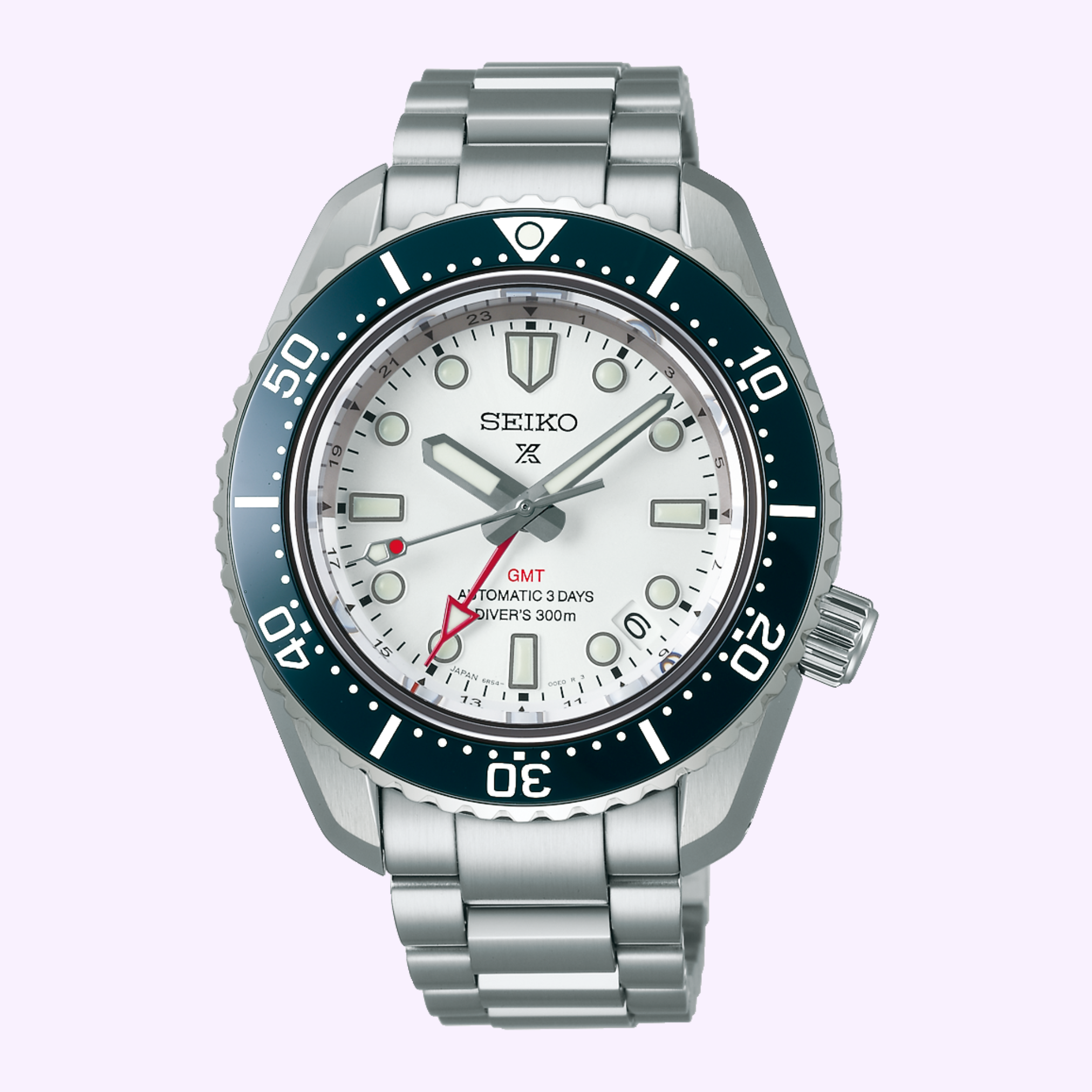 The Seiko Luxe Watches SPB519 PROSPEX HERITAGE DIVER'S GMT features a stainless steel band, silver bezel, white dial, black-and-red GMT hand, large markers, date at 4 o’clock, and 300m water resistance.