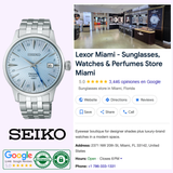 A Seiko Luxe Watches SSK037 Presage Cocktail Time with a blue textured dial is shown next to Lexor Miami’s Google business listing for sunglasses, watches, and perfumes, featuring a 5-star rating. Seiko Luxe Watches and Google logos are visible.