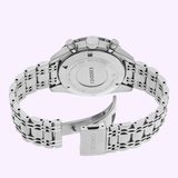 A close-up of the back of a Seiko Luxe Watches Speedtimer SRQ051 wristwatch with a silver metal link band and an open clasp, displaying engraved text on the case back that highlights its advanced Caliber 8R48 mechanical chronograph movement.
