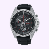 Angle view Seiko SSB325 Essentials Chronograph Black Silicone Strap Men Watches