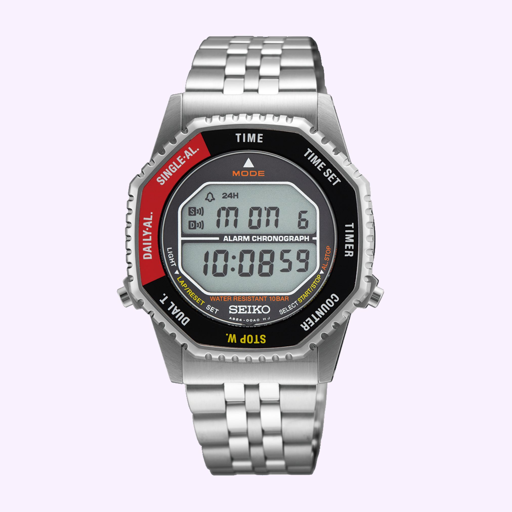 Seiko Rotocall SMGG19 digital watch with red and black rotary bezel on stainless steel bracelet, sold at Lexor Miami