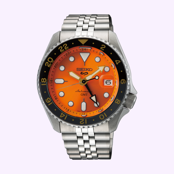 Seiko 5 Sports SKX SSK005 with bright orange dial and black-and-yellow bezel