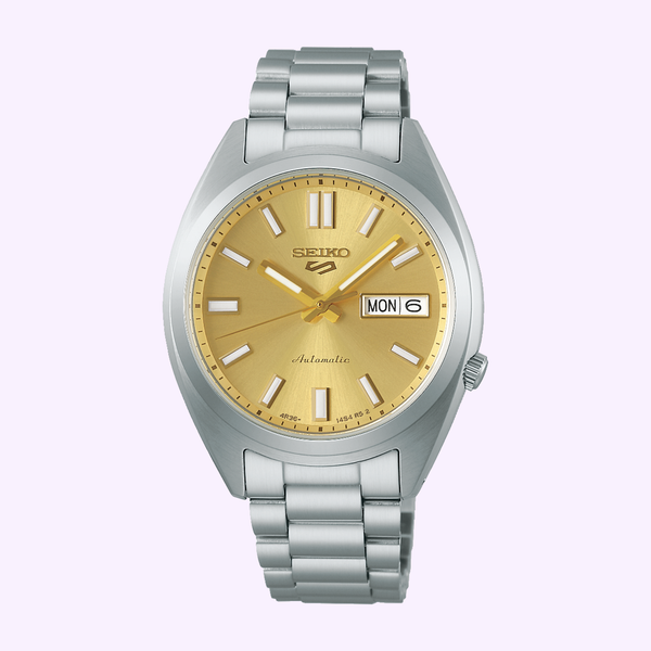 Seiko 5 Sports SNXS SRPL59 with gold dial and stainless steel bracelet