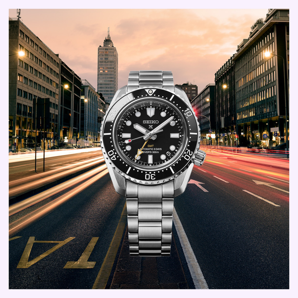 Front view of Seiko Prospex HBC002 black dial GMT diver watch