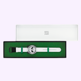 A round Seiko Watches Power Design Project HHK001 Panda chronograph watch with a white dial and matching strap, presented in a black box with a green interior lining.