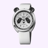 Seiko Watches Power Design Project HHK001 Panda chronograph wristwatch featuring a white face, black sub-dials, small ears attached to the case, and a white strap.