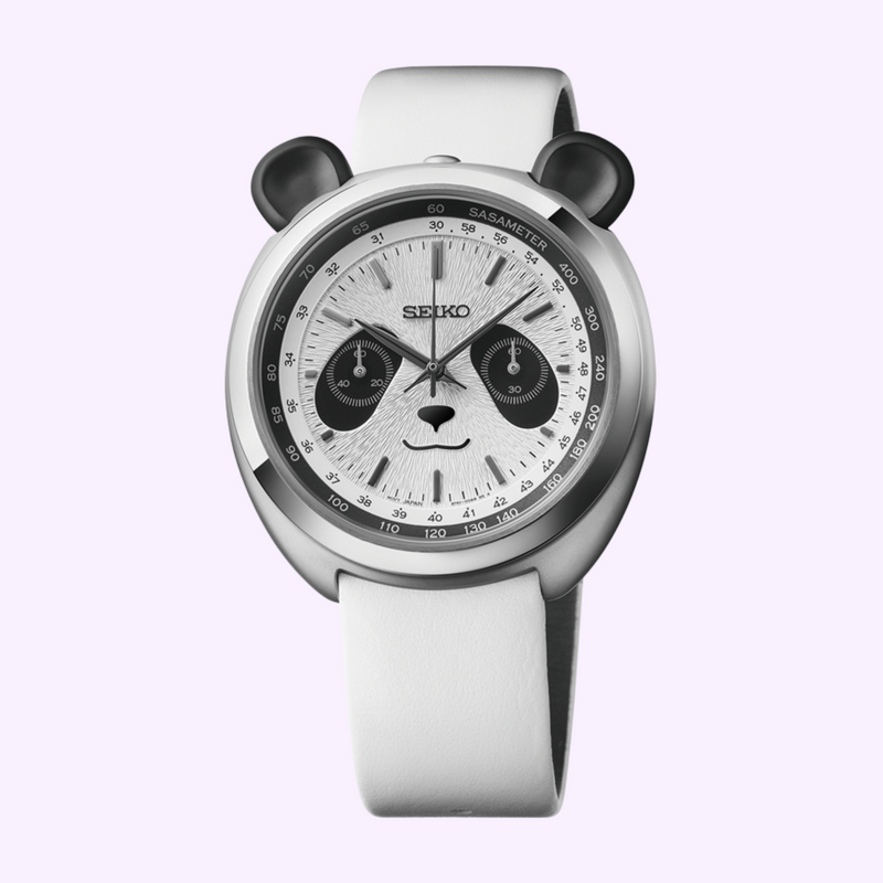 Seiko HHK001 White Panda chronograph with white fur-textured dial, black sub-dials, black panda ears on the case and white leather strap