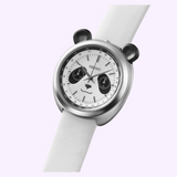 The Seiko Watches Power Design Project HHK001 Panda chronograph watch features a panda-faced dial with black sub-dial eyes, a white leather strap, and decorative black panda ears at the top of the case.