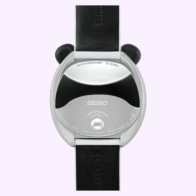 Seiko HHK001 caseback with three-dimensional panda back and tail design, black panda ears on the case and LIMITED EDITION marking