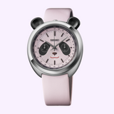 Seiko Watches Power Design Project HHK002 Panda wristwatch with a light pink band, a round silver case featuring small black ears on top, and a panda face design on the dial.