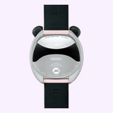 The case back of a Seiko Watches Power Design Project HHK002 Panda with round, panda-shaped side accents, featuring engraved text including Limited Edition 000001 and a black leather strap.