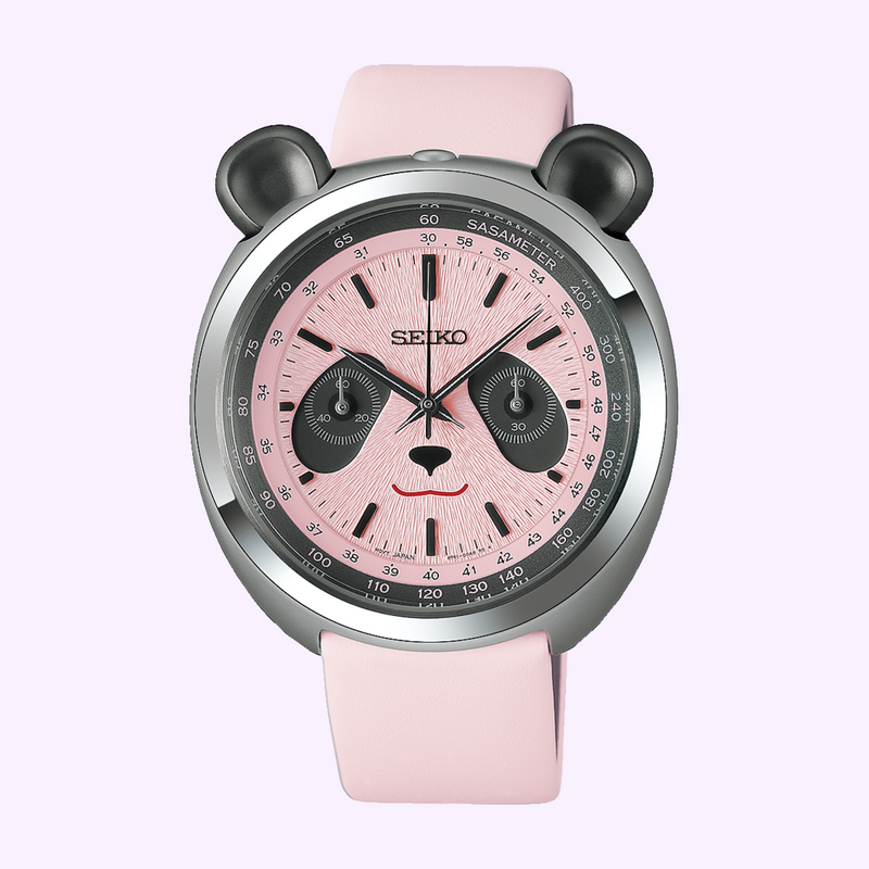 Seiko Power Design Project HHK002 Pink Panda chronograph front view with pink fur-textured dial, black panda-eye subdials and pink leather strap