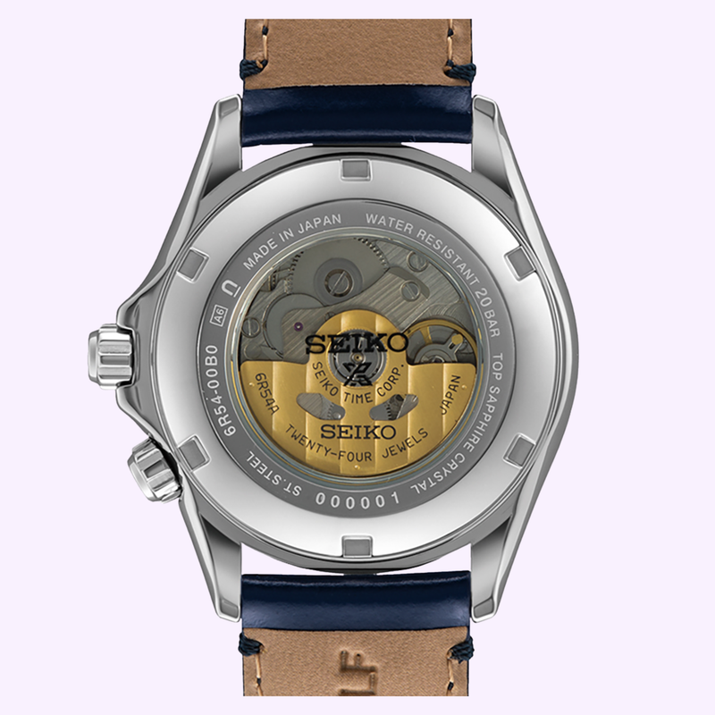 Seiko Prospex Alpinist GMT SPB377 transparent caseback showing Caliber 6R54 automatic movement
