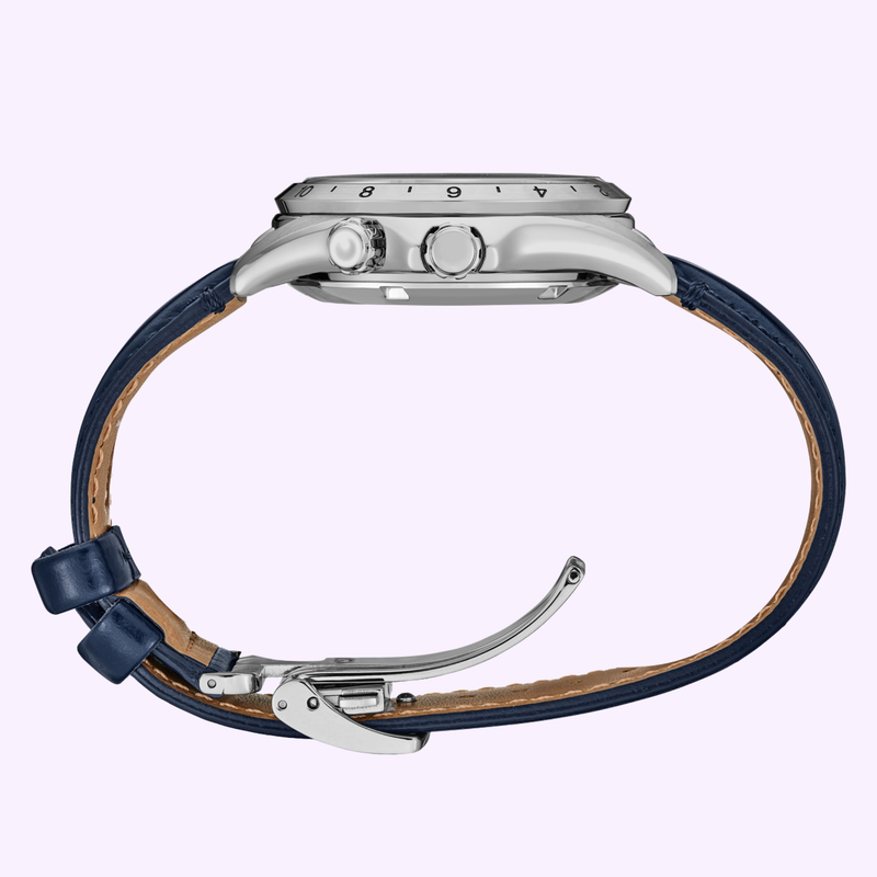 Side view of Seiko Prospex Alpinist GMT SPB377 showing stainless steel case, two crowns and blue leather strap