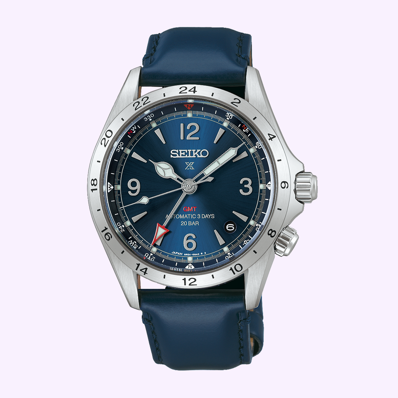 Seiko Prospex Alpinist GMT SPB377 blue dial automatic watch front view