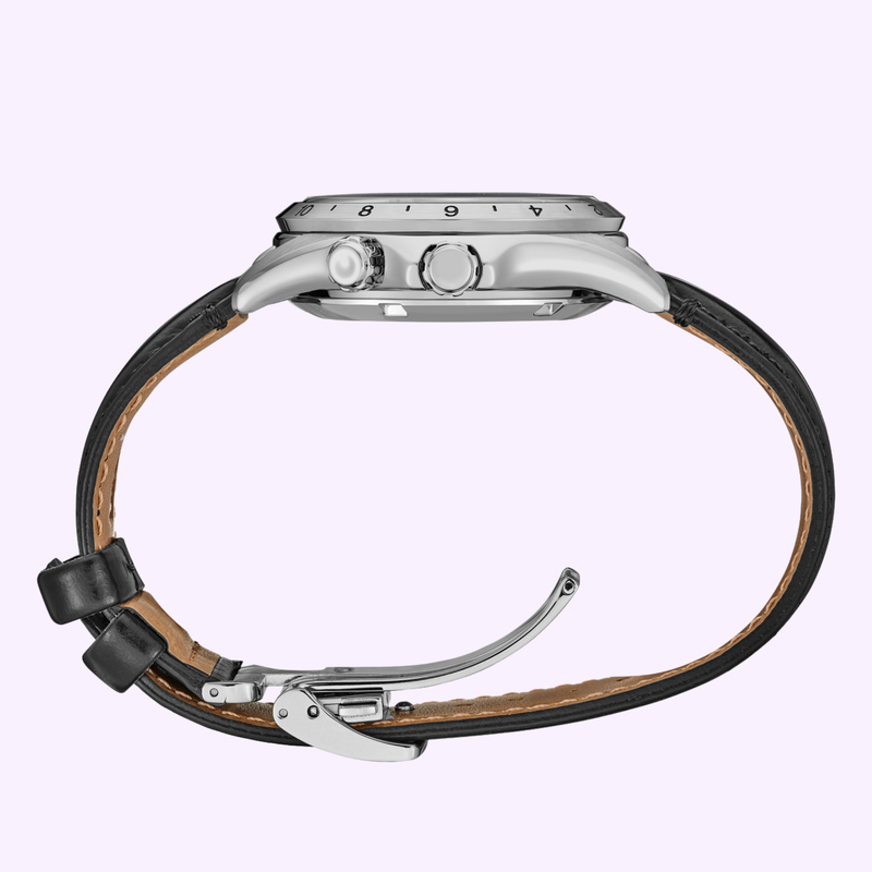 Side profile of the Seiko Prospex Alpinist GMT SPB379 showing the stainless steel case, dual crowns, and black leather strap