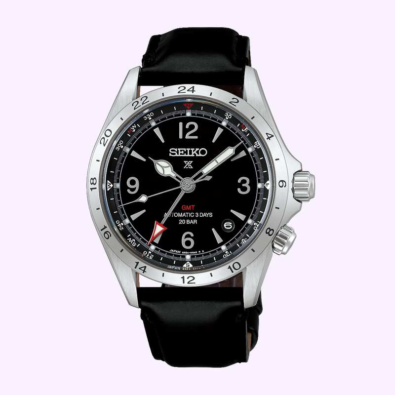 Seiko Prospex Alpinist GMT SPB379 black dial automatic watch with black leather strap, front view
