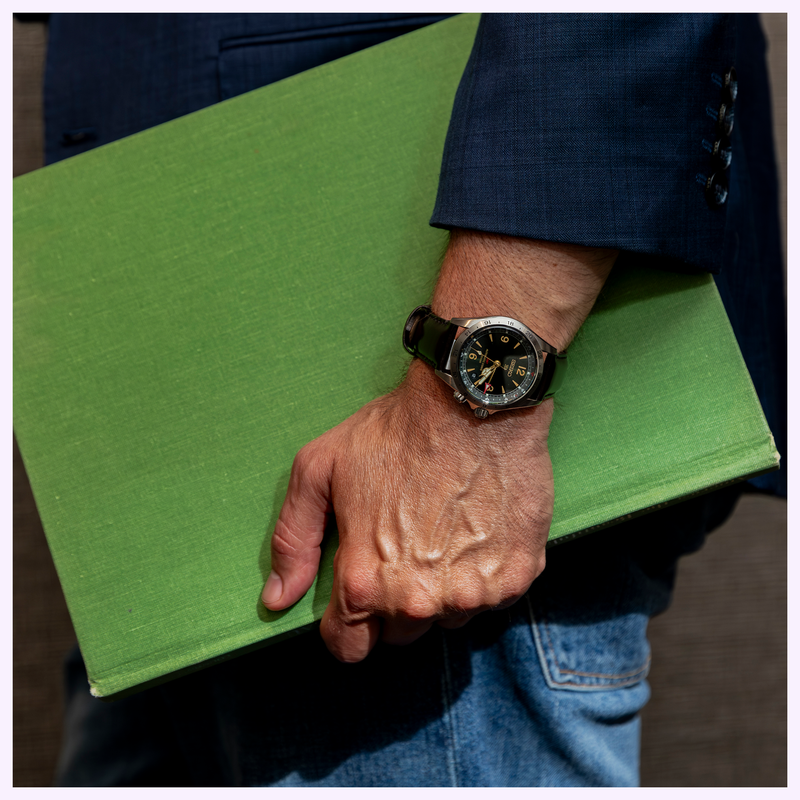 Seiko Prospex Alpinist GMT HBC007 worn on the wrist with casual clothing showing its 39.5mm case size