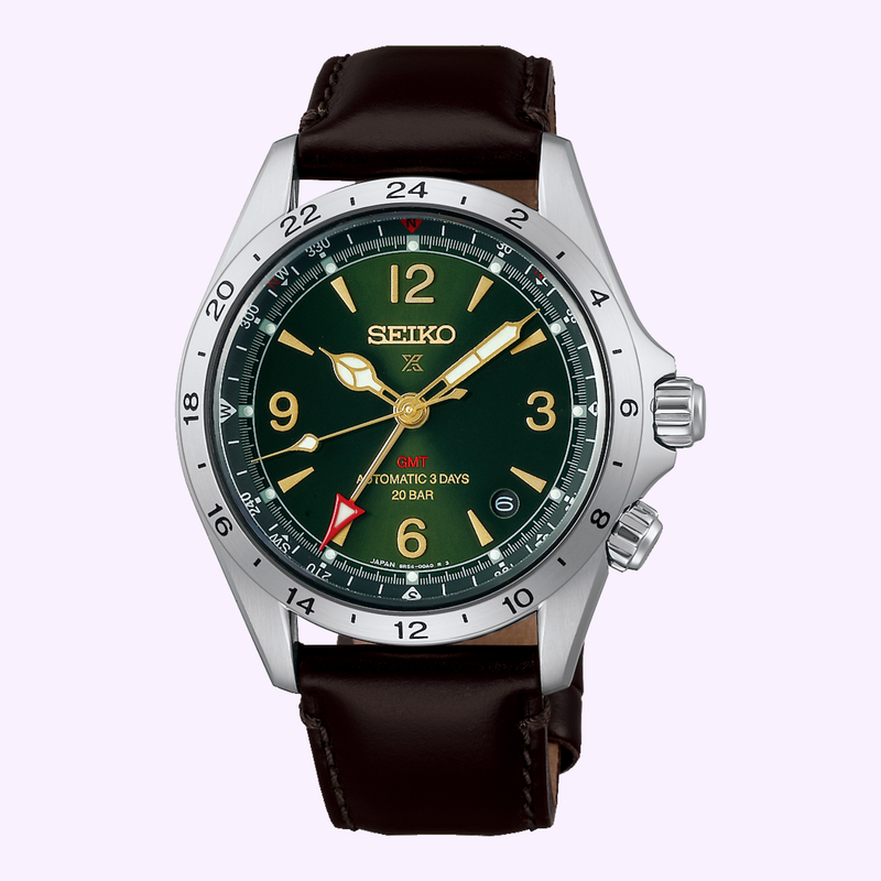 Seiko Prospex Alpinist GMT HBC007 green sunray dial automatic watch with gold accents and brown leather strap, front view