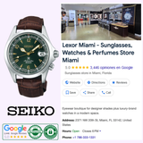 A Seiko Luxe Watches Prospex Alpinist SS Automatic Green Dial SPB121 men's watch is displayed beside a Google search result for Lexor Miami, a 5-star Miami shop for sunglasses, watches, and perfumes.